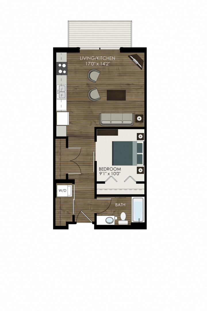 Floor plan for 1 bed, 1 bath, 623 sqft